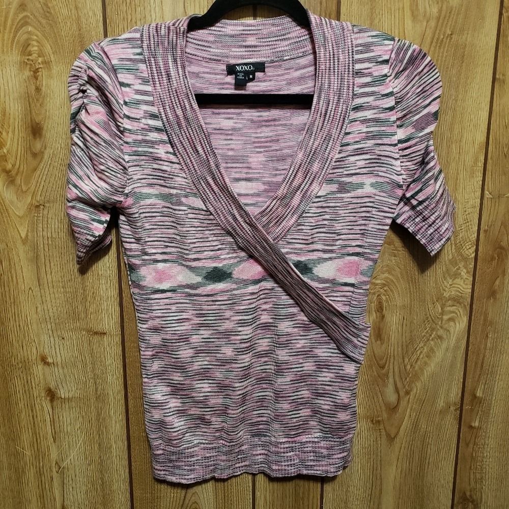 XOXO Knit Pink /gray Heather-stripe Ruched Sleeve Top Size Medium  V-Neck